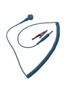 An ESD coiled cord with 10mm snap to 4mm jack plug with crocodile clip