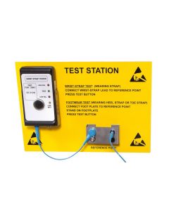 Combining a wrist trap tester with a wall-mounted plate. Simply plug your wrist strap into the aluminium bracket and press the large test button.