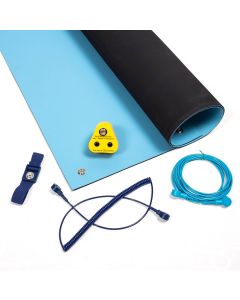 An ESD workstation kit with light blue ESD bench matting and the parts you need for a simple setup.