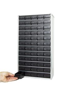 A 60 drawer cabinet with conductive plastic drawers and galvanized chassis